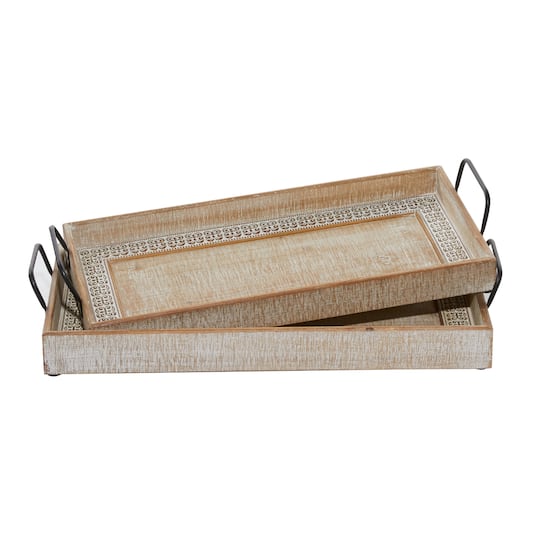 Brown Wood Boho Style Tray Set